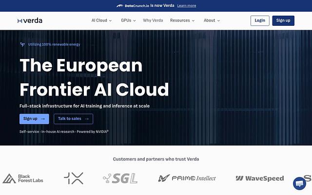 Screenshot of Verda webpage