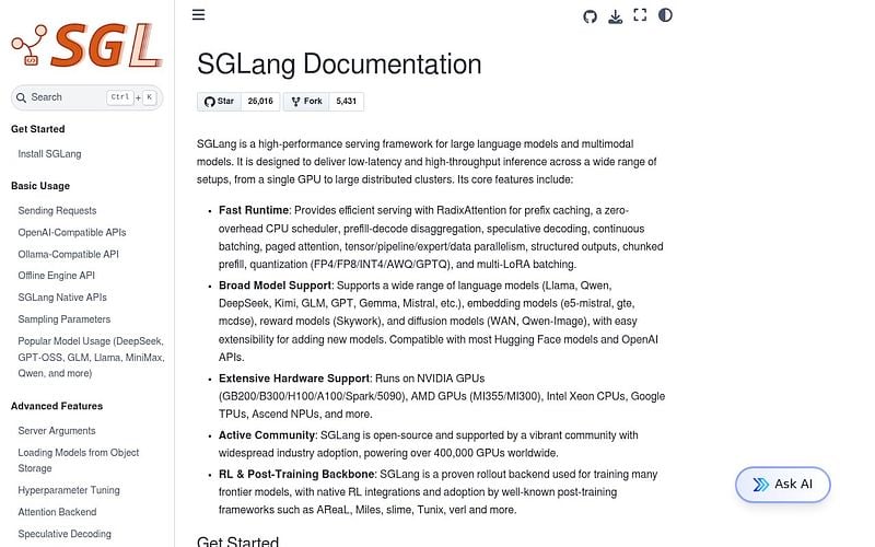 Screenshot of SGLang webpage