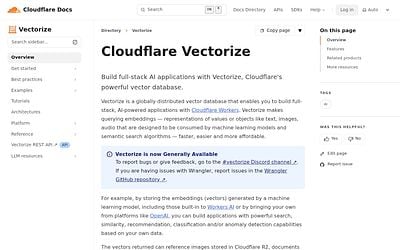 Screenshot of Cloudflare Vectorize webpage