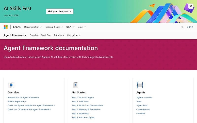 Screenshot of Microsoft Agent Framework webpage