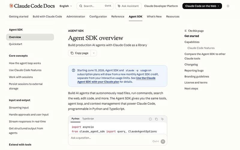Screenshot of Claude Agent SDK webpage
