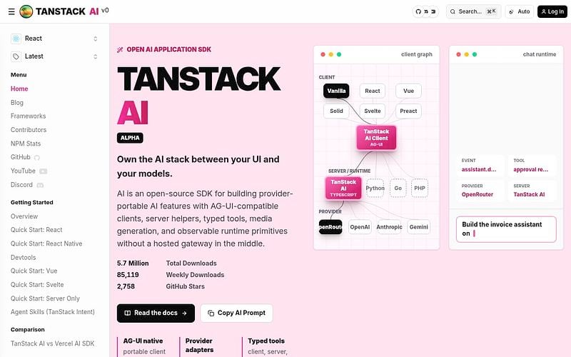 Screenshot of TanStack AI webpage