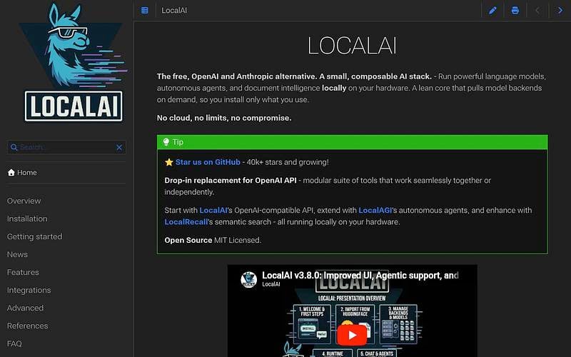 Screenshot of LocalAI webpage