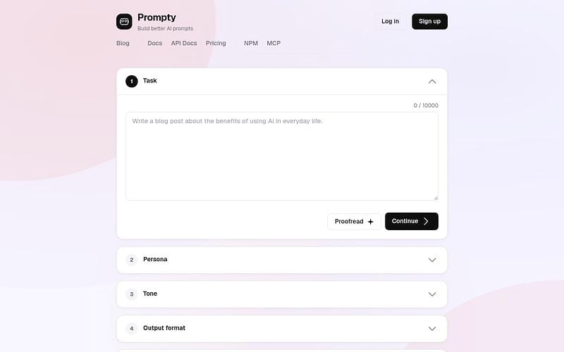 Screenshot of Prompty webpage