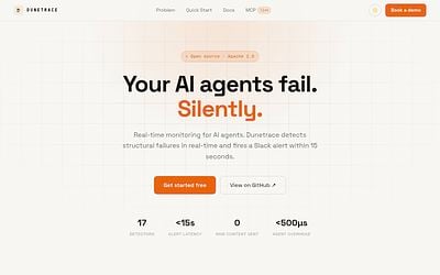 Screenshot of Dunetrace webpage