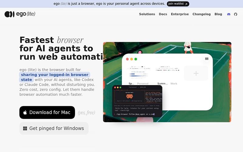 Screenshot of ego lite webpage
