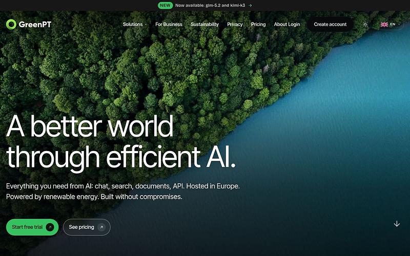 Screenshot of GreenPT webpage