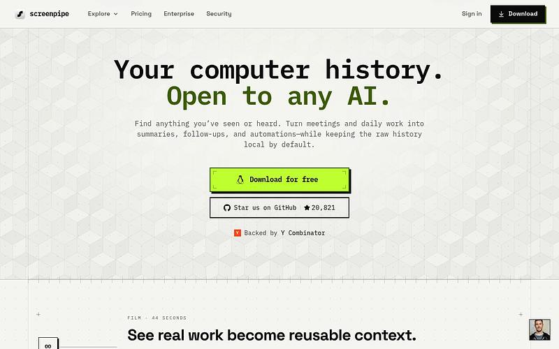 Screenshot of screenpipe webpage
