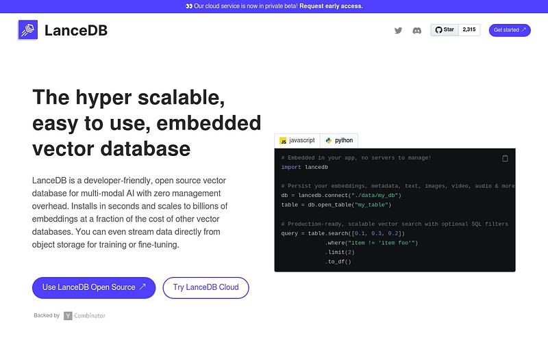 Screenshot of LanceDB webpage