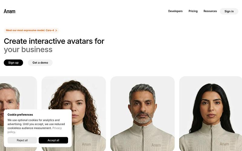 Screenshot of Anam webpage