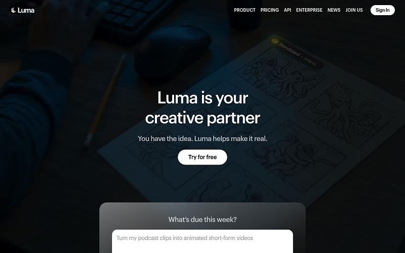 Screenshot of Luma AI webpage