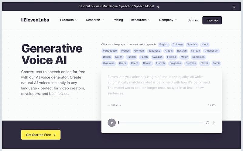 Screenshot of Eleven Labs webpage