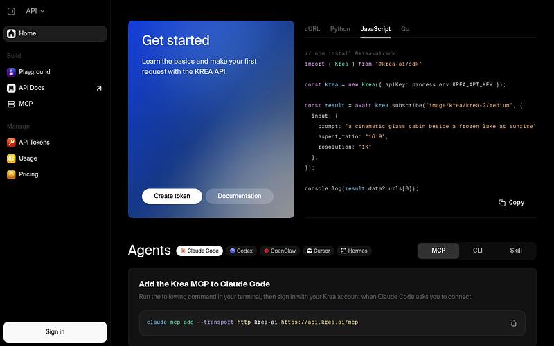Screenshot of Krea API webpage