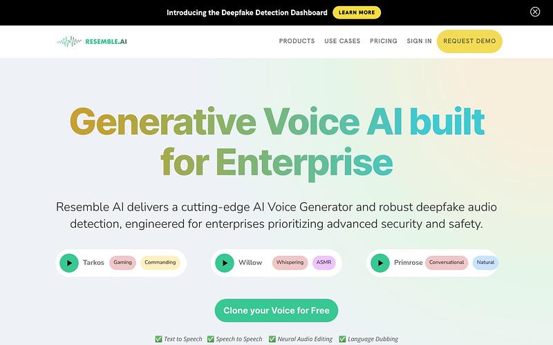 Screenshot of Resemble AI  webpage