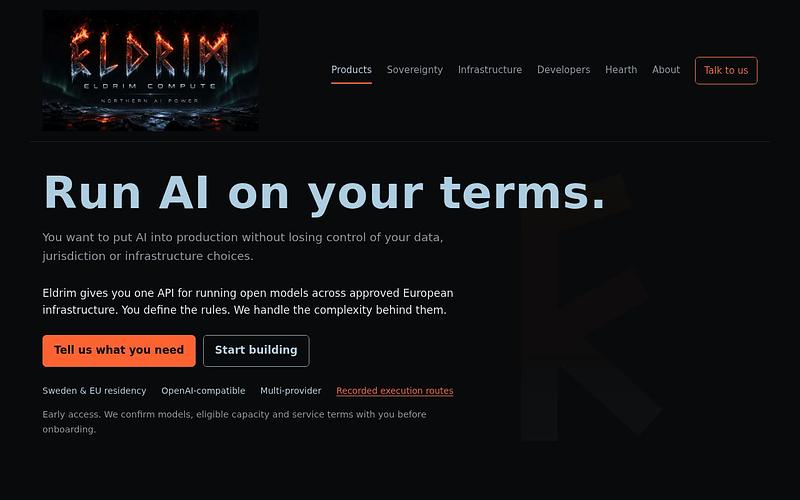 Screenshot of Eldrim Compute webpage