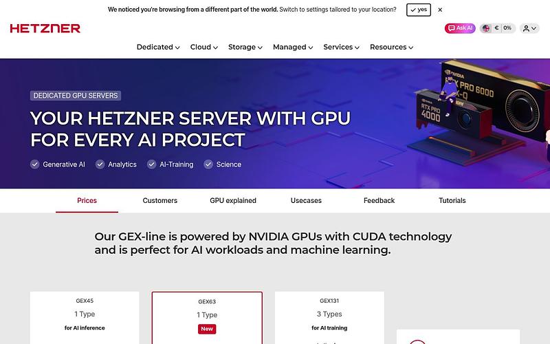 Screenshot of Hetzner GPU Servers webpage