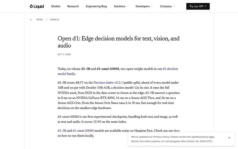 Screenshot of Liquid AI d1 webpage