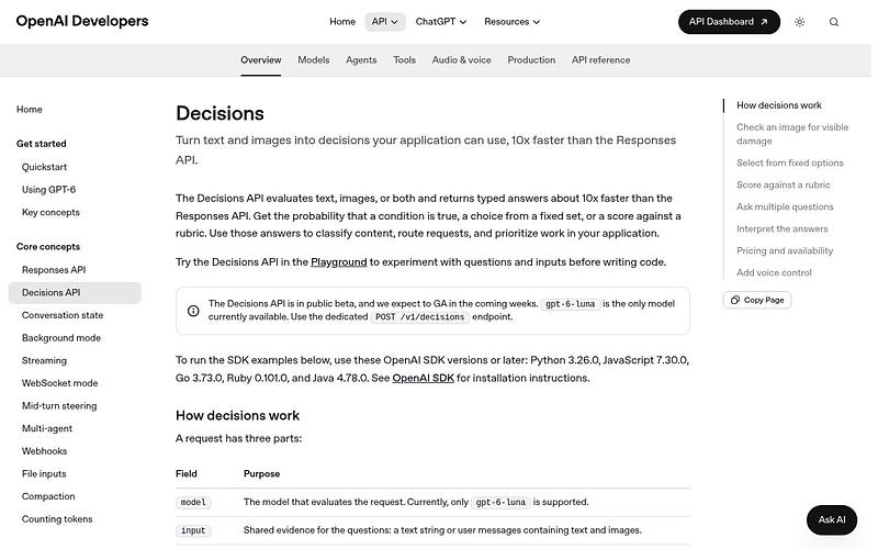 Screenshot of OpenAI Decisions API webpage