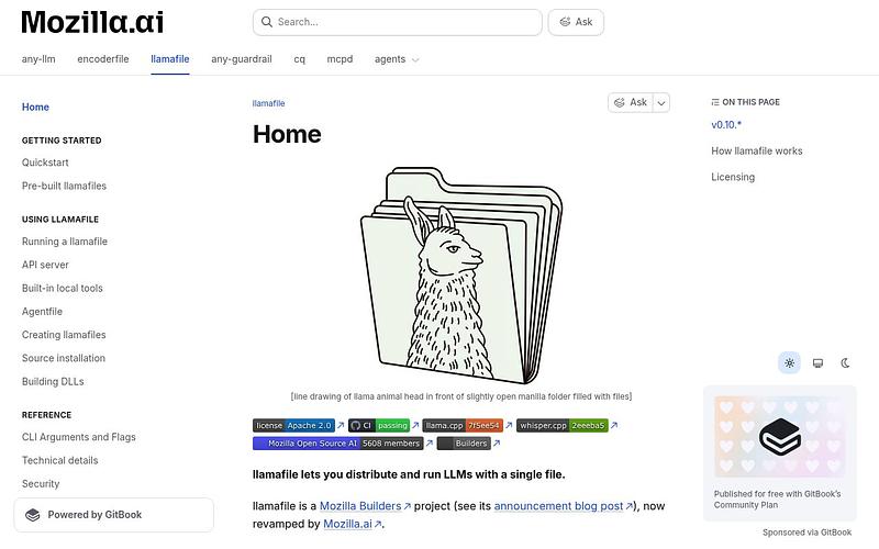Screenshot of llamafile webpage