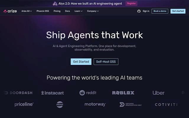 Screenshot of Arize AI webpage