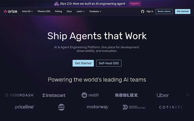 Screenshot of Arize AI webpage