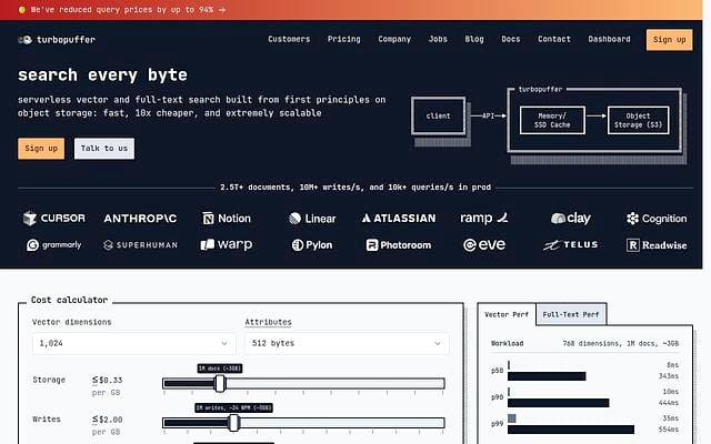 Screenshot of Turbopuffer webpage