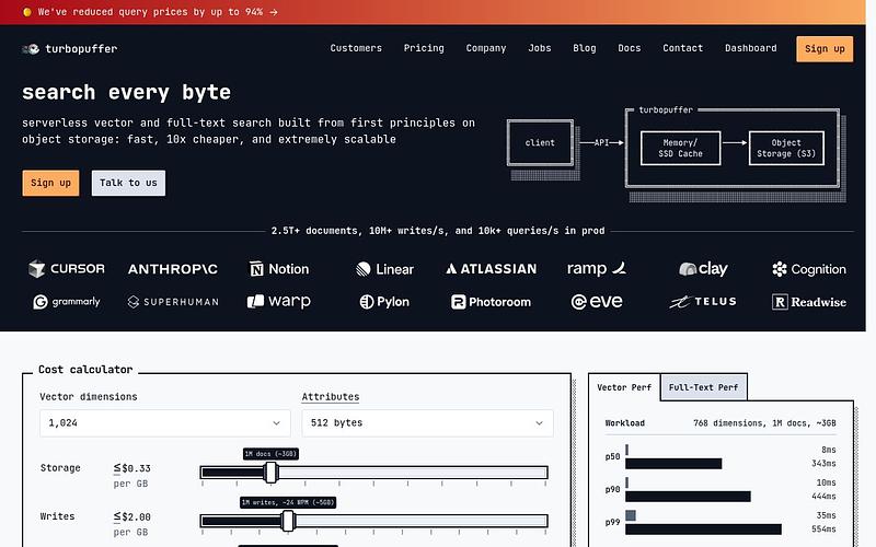 Screenshot of Turbopuffer webpage