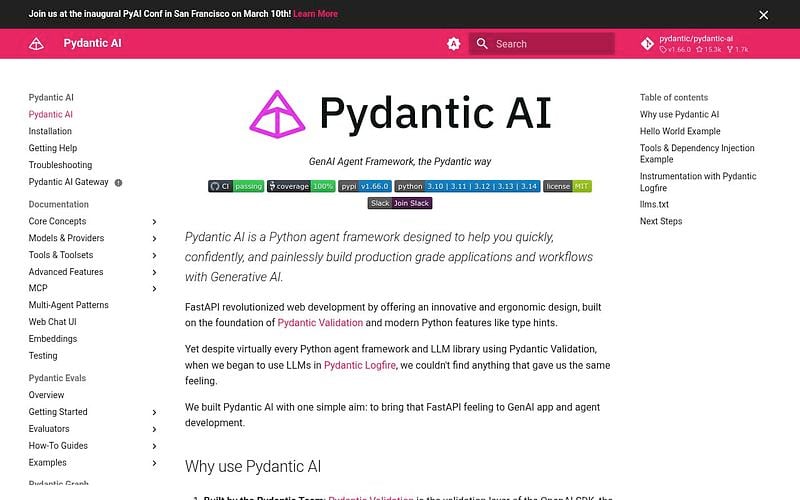 Screenshot of Pydantic AI webpage