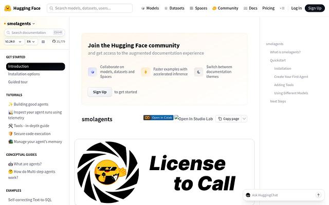Screenshot of Smolagents webpage