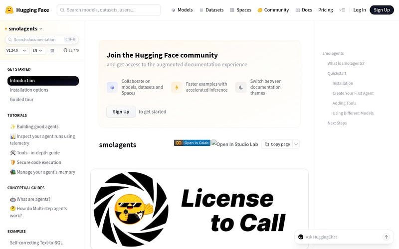 Screenshot of Smolagents webpage