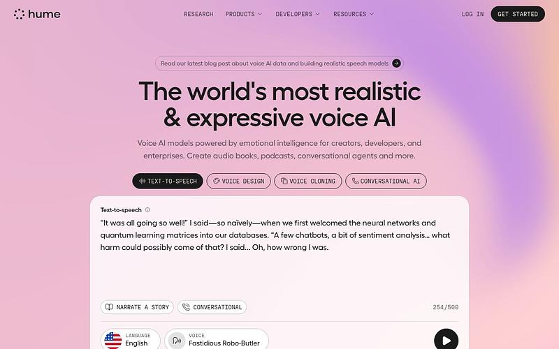 Screenshot of Hume AI webpage