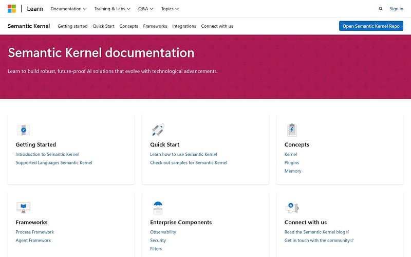 Screenshot of Semantic Kernel webpage