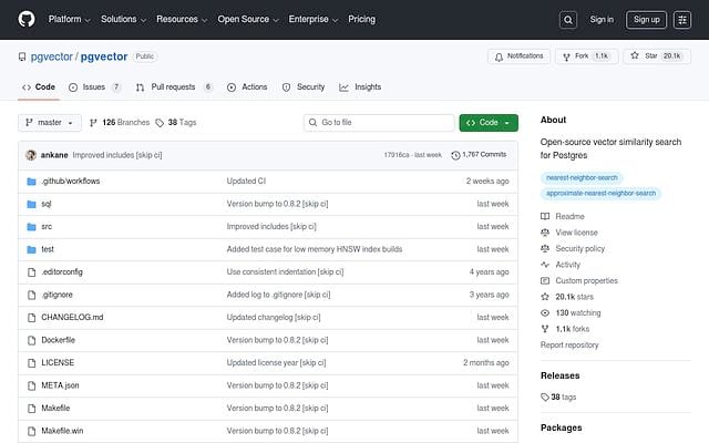 Screenshot of pgvector webpage