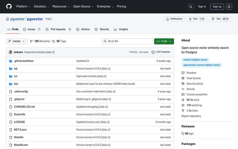 Screenshot of pgvector webpage