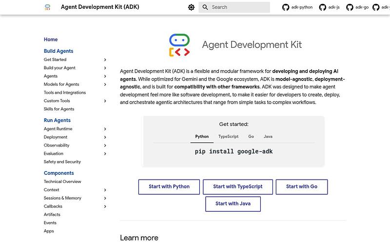 Screenshot of Google ADK webpage