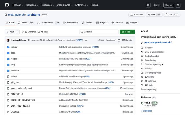 Screenshot of torchtune webpage