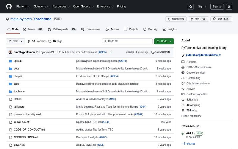 Screenshot of torchtune webpage