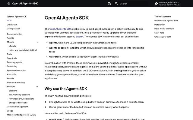Screenshot of OpenAI Agents SDK webpage