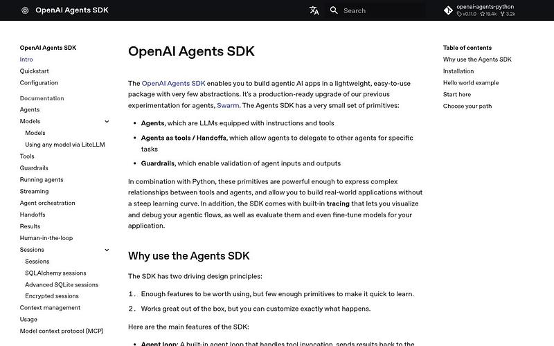 Screenshot of OpenAI Agents SDK webpage