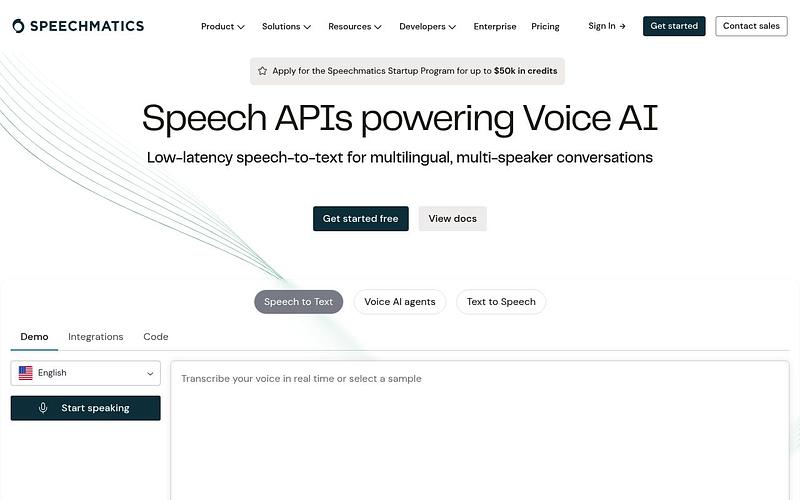 Screenshot of Speechmatics webpage
