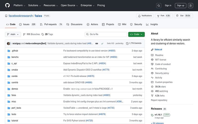 Screenshot of FAISS webpage