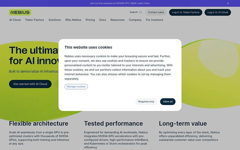 Screenshot of Nebius webpage